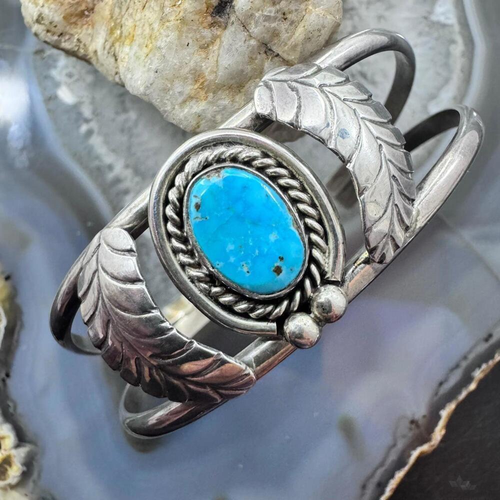 Vintage Native American Silver Oval Turquoise Decorated Split Shank Bracelet